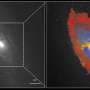 星系NGC1386中心区域，红、蓝、黄分别代表恒星形成、黑洞辐射和激波。