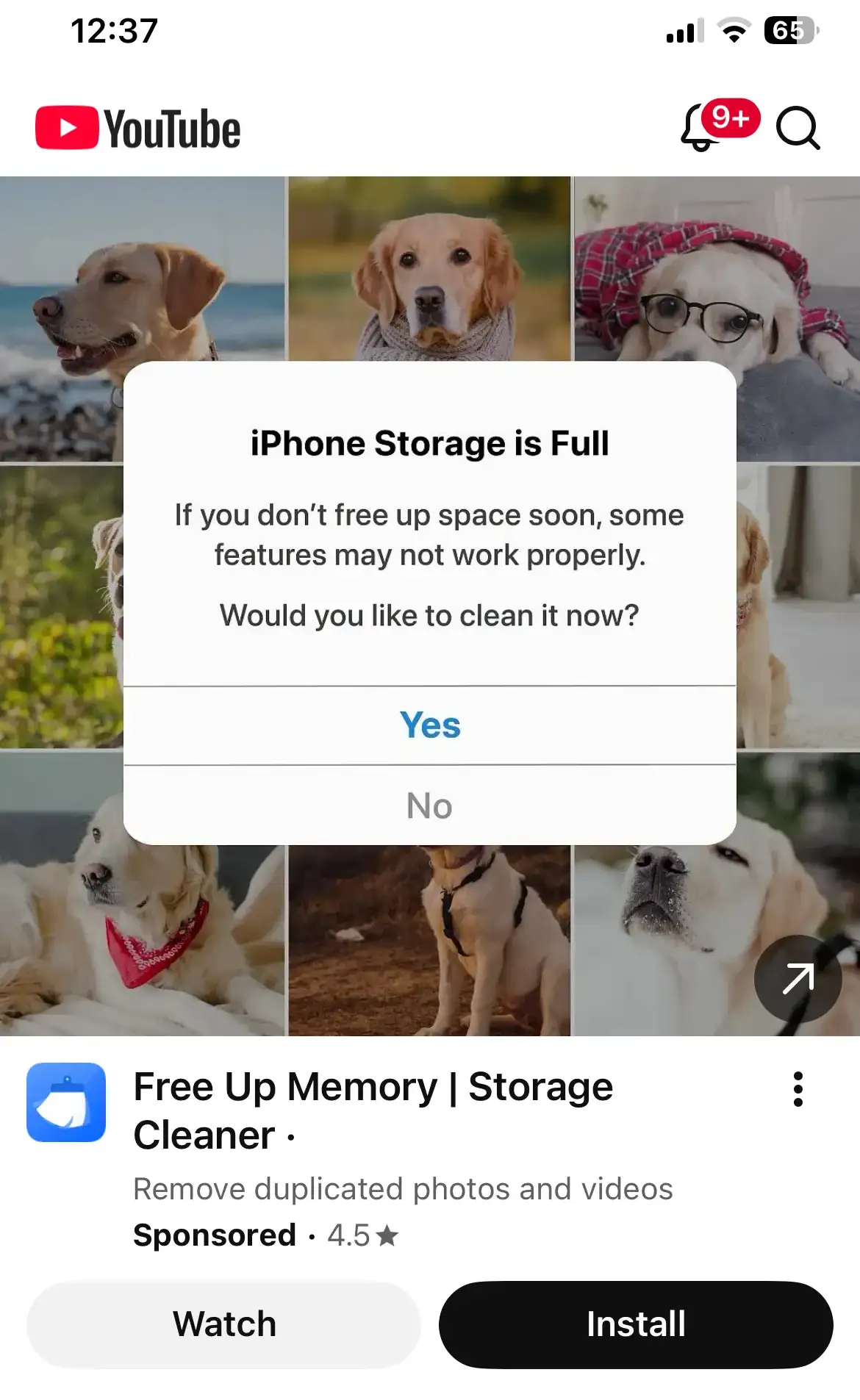一张模仿 iPhone 存储空间已满警告的欺诈广告截图