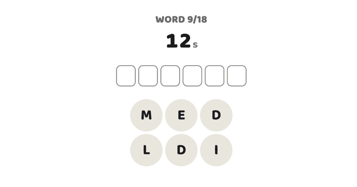 18 Words 游戏界面截图,显示字母拼图与倒计时